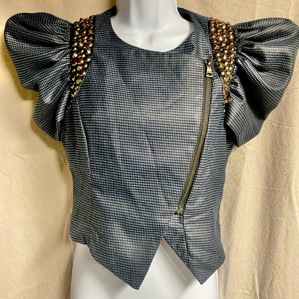 TOV Holy Michelle  Blue Zip Blouse Studded Size 38